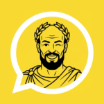 Logotipo do assistente financeiro Julios AI no WhatsApp. O ícone branco do balão de fala contém o busto em preto e branco de um imperador romano sorrindo e piscando. O logotipo está centralizado em um fundo amarelo.